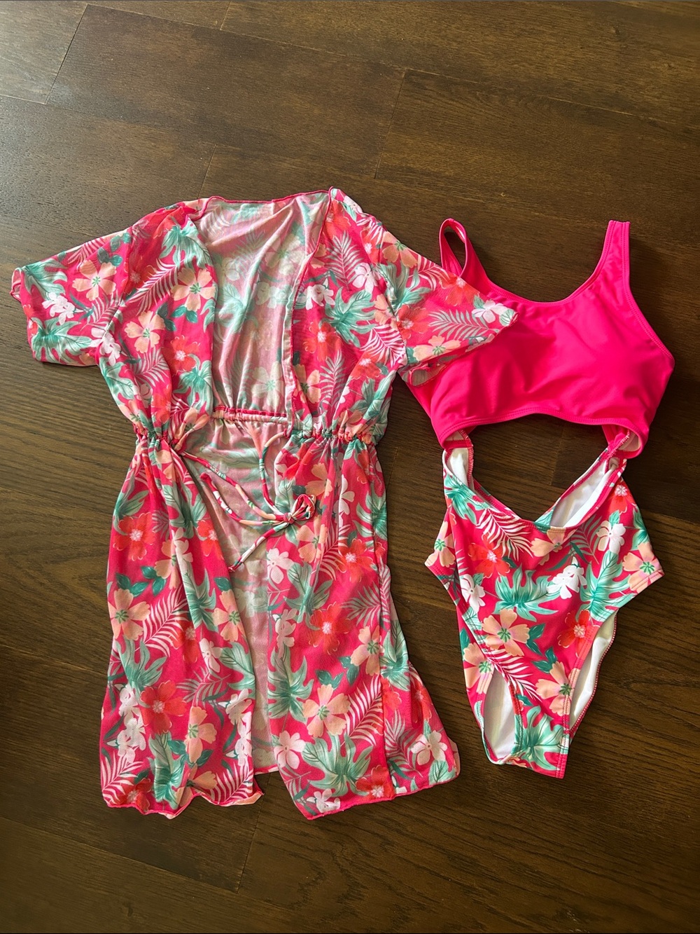 Teen SHEIN Pink Tropical Floral Swim Set with Matching Cover-Up